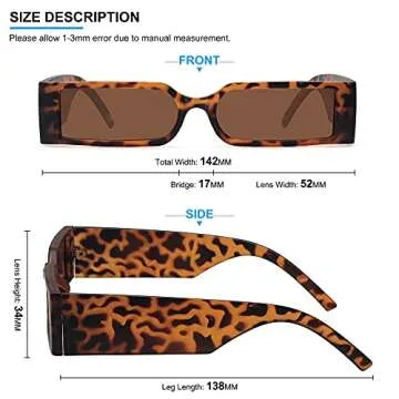 Retro 90s Rectangle Sunglasses for Women Men Trendy Small Nude Inspired Narrow Tiny Thin Skinny Slender Sun Glasses (Leopard Frame Brown Lens)