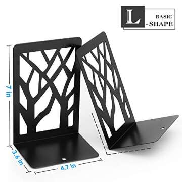 MaxGear Book Ends Tree Design Modern Bookends for Shelves, Non-Skid Bookend, Heavy Duty Metal Book Stopper for Books/CDs, Decorative Book Shelf for Home, 7 x 4.7 x 3.5”, Black (4 Pair/8 Pieces, Large)