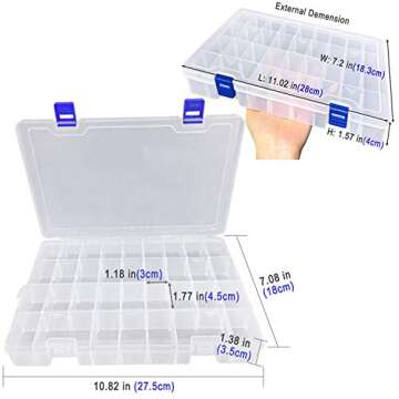 Qualsen Plastic Compartment Box with Adjustable Dividers Craft Tackle Organizer Storage Containers Box 34Grid 1PC (Clear)