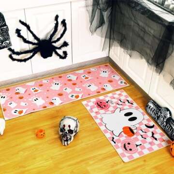 Duraaamo Set of 2 Halloween Ghost Kitchen Mats Pink Ghost Kitchen Mats Cute Halloween Bathroom Rug N...