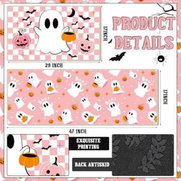 Duraaamo Set of 2 Halloween Ghost Kitchen Mats Pink Ghost Kitchen Mats Cute Halloween Bathroom Rug Non Slip Floor Mat for Kitchen Vintage Farmhouse Mats for Halloween Indoor Outdoor