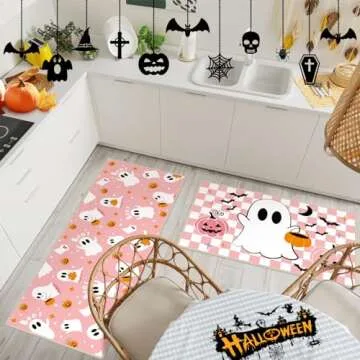 Duraaamo Set of 2 Halloween Ghost Kitchen Mats Pink Ghost Kitchen Mats Cute Halloween Bathroom Rug Non Slip Floor Mat for Kitchen Vintage Farmhouse Mats for Halloween Indoor Outdoor