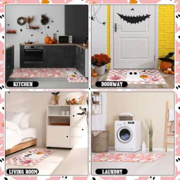 Duraaamo Set of 2 Halloween Ghost Kitchen Mats Pink Ghost Kitchen Mats Cute Halloween Bathroom Rug Non Slip Floor Mat for Kitchen Vintage Farmhouse Mats for Halloween Indoor Outdoor