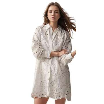 CHARTOU Women Eyelet Lace Dress Button Down Shirt Loose Fit Summer Casual Mini Dress (Small,White)