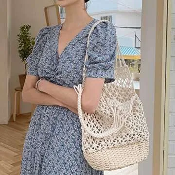 NIBD Women's Beach Straw Handbag Woven Tote Fishing Net Beach Bag Large Capacity Mesh Rope Combination Handbag (A)
