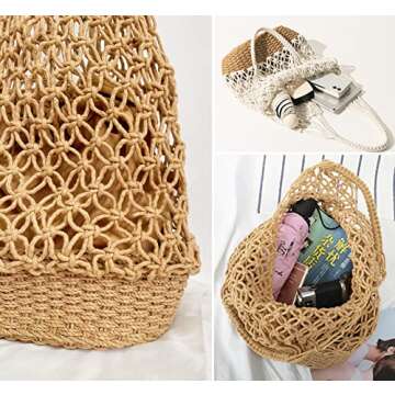 NIBD Women's Beach Straw Handbag Woven Tote Fishing Net Beach Bag Large Capacity Mesh Rope Combination Handbag (A)