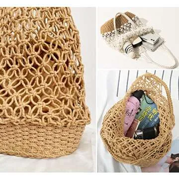 NIBD Women's Beach Straw Handbag Woven Tote Fishing Net Beach Bag Large Capacity Mesh Rope Combination Handbag (A)