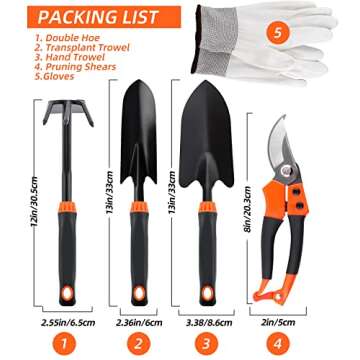 DOWELL Garden Tool Set Gardening Kit Pruning Shears, Hand Trowel, Transplant Trowel, Hand Rake with Hoe, Heavy Duty with Non-Slip Ergonomic Rubber Handle Gift for Women and Men 5-Piece