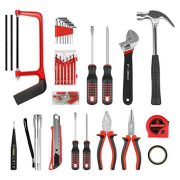 32PCS Household Tool Sets With Carrying Case, GOGOLO DIY Home Repair Kit Car Emergency Repair Tool Kit with Flashlight/Saw for Home Auto Maintenance Storage