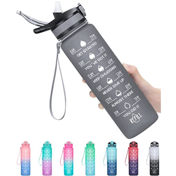 MEITAGIE 32oz Leakproof Motivational Sports Water Bottle with Straw & Time Marker, Flip Top Durable ...
