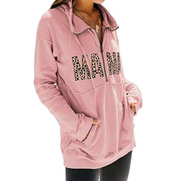 MYMORE Mama Sweatshirt Women Leopard Funny Letter Print Mom Pullover Shirt With Drawstring
