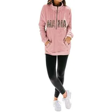 MYMORE Mama Sweatshirt Women Leopard Funny Letter Print Mom Pullover Shirt With Drawstring