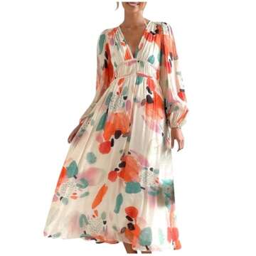 Bohemian Dresses for Women Floral Printed Lantern Sleeve V Neck Empire Waist Swing A-Line Long Maxi ...
