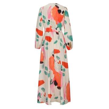 Bohemian Dresses for Women Floral Printed Lantern Sleeve V Neck Empire Waist Swing A-Line Long Maxi Dress for Vacation Beige