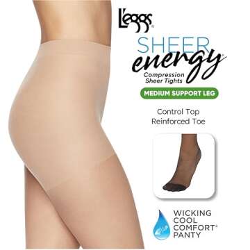 L'eggs Sheer Energy Medium Support Women's Compression Tights, Control Top, Reinforced Toe, Off Blac...