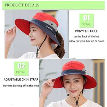 Ponytail Women's Summer Sun Bucket Hats UV Protection Safari Hiking Wide Brim Beach Foldable Mesh Fi...