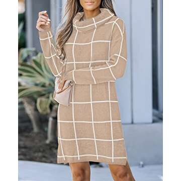luvamia Women's Casual Turtleneck Knitted Sweater Long Sleeves Grid Warm Comfy Pullover Sweater Dress Fall Sweater Dresses for Women Midi Sweater Dresses for Women Cozy Sweater Khaki Size Small