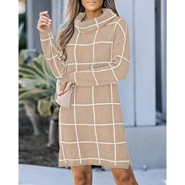 luvamia Women's Casual Turtleneck Knitted Sweater Long Sleeves Grid Warm Comfy Pullover Sweater Dress Fall Sweater Dresses for Women Midi Sweater Dresses for Women Cozy Sweater Khaki Size Small