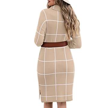 luvamia Women's Casual Turtleneck Knitted Sweater Long Sleeves Grid Warm Comfy Pullover Sweater Dress Fall Sweater Dresses for Women Midi Sweater Dresses for Women Cozy Sweater Khaki Size Small