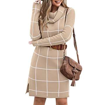 luvamia Women's Casual Turtleneck Knitted Sweater Long Sleeves Grid Warm Comfy Pullover Sweater Dress Fall Sweater Dresses for Women Midi Sweater Dresses for Women Cozy Sweater Khaki Size Small