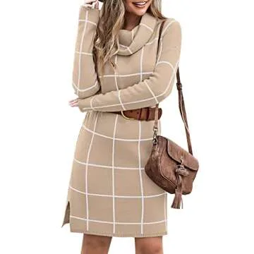 luvamia Women's Casual Turtleneck Knitted Sweater Long Sleeves Grid Warm Comfy Pullover Sweater Dress Fall Sweater Dresses for Women Midi Sweater Dresses for Women Cozy Sweater Khaki Size Small