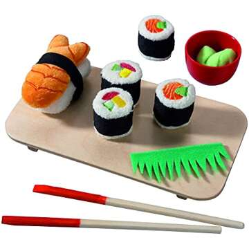 HABA Soft Sushi with Child-Sized Chopsticks & Serving Board Play Food Set - Pretend Play for Toddler...