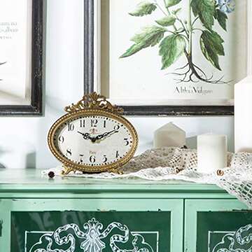NIKKY HOME Vintage Table Clock, French Turquoise Color Rococo Style Desk Clock Battery Operated Rust...