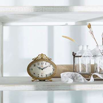 NIKKY HOME Vintage Table Clock, French Turquoise Color Rococo Style Desk Clock Battery Operated Rustic Design, Home Décor for Living Room, Bedroom, Bedside, Desk, Gift Clock - Gold