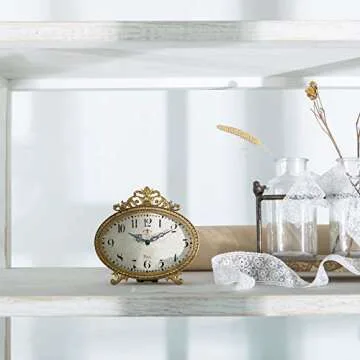 NIKKY HOME Vintage Table Clock, French Turquoise Color Rococo Style Desk Clock Battery Operated Rustic Design, Home Décor for Living Room, Bedroom, Bedside, Desk, Gift Clock - Gold