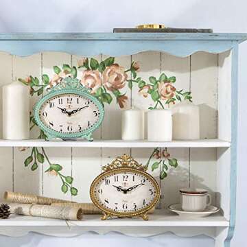 NIKKY HOME Vintage Table Clock, French Turquoise Color Rococo Style Desk Clock Battery Operated Rustic Design, Home Décor for Living Room, Bedroom, Bedside, Desk, Gift Clock - Gold