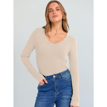 ANRABESS Long Sleeve V Neck Ribbed Knit Fitted Shirt for Women - Trendy Fall Basic Tops 2025 in Beig...