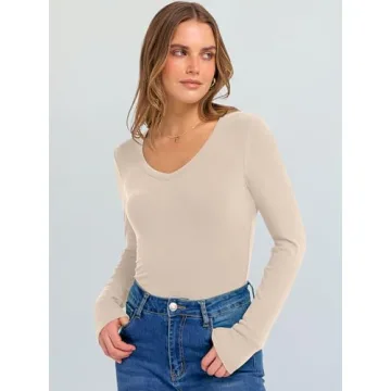 ANRABESS V Neck Ribbed Knit Fall Shirt for Women