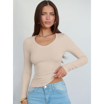 ANRABESS V Neck Ribbed Knit Fall Shirt for Women