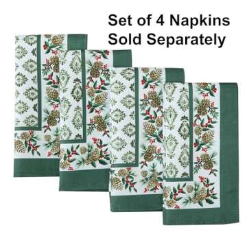 Newbridge Christmas Holly Pinecone Border Set of 4 Fabric Napkins, Holiday Hunter Green Border on White Background Fabric Napkins for Dinner Party and Banquet