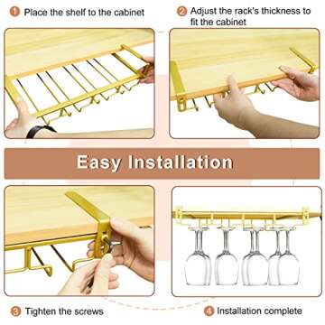 AUHOKY Adjustable Wine Glass Holder Under Shelf, Nail Free Metal Stemware Holder Storage Hanger, Hanging Wine Glasses Rack Organizer Under Cabinet Mount for Bar Kitchen (4 Rows, Gold)