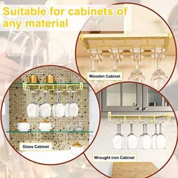 AUHOKY Adjustable Wine Glass Holder Under Shelf, Nail Free Metal Stemware Holder Storage Hanger, Hanging Wine Glasses Rack Organizer Under Cabinet Mount for Bar Kitchen (4 Rows, Gold)