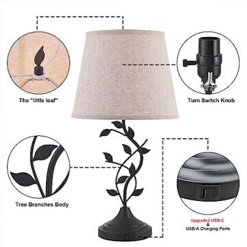 Kakanuo USB Charging Bedside Nightstand Lamp for Living Room and Bedroom - Traditional Tall Retro Desk Lamp with USB-A and USB-C Ports