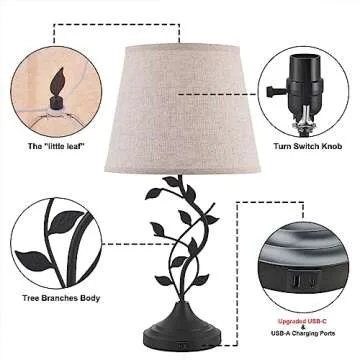Kakanuo USB Charging Bedside Nightstand Lamp for Living Room and Bedroom - Traditional Tall Retro Desk Lamp with USB-A and USB-C Ports