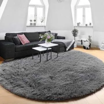 Amdrebio Grey Shaggy Round Area Rug 6ft for Bedroom, Fluffy Plush Shaggy Throw Rug for Living Room, Kids, Teens, Circle Fuzzy Furry Carpet for Nursery, Dorm, Circular, 6'X6', Cute Room Decor for Baby