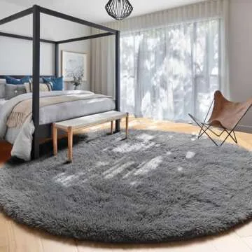 Amdrebio Grey Shaggy Round Area Rug 6ft for Bedroom, Fluffy Plush Shaggy Throw Rug for Living Room, Kids, Teens, Circle Fuzzy Furry Carpet for Nursery, Dorm, Circular, 6'X6', Cute Room Decor for Baby