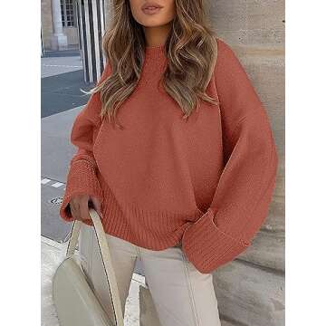 LOGENE Women's Oversized Sweater Crewneck Long Sleeve Soft Fuzzy Knit Pullover Sweaters 2024 Winter Fashion Warm Tops Clothes Rust X-Large