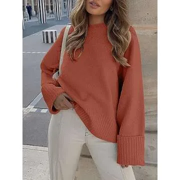 LOGENE Women's Oversized Sweater Crewneck Long Sleeve Soft Fuzzy Knit Pullover Sweaters 2024 Winter Fashion Warm Tops Clothes Rust X-Large