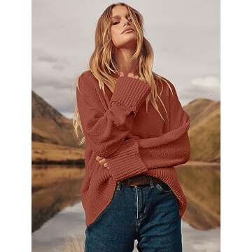 LOGENE Women's Oversized Sweater Crewneck Long Sleeve Soft Fuzzy Knit Pullover Sweaters 2024 Winter Fashion Warm Tops Clothes Rust X-Large