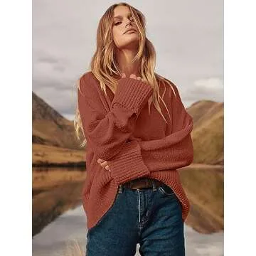LOGENE Women's Oversized Sweater Crewneck Long Sleeve Soft Fuzzy Knit Pullover Sweaters 2024 Winter Fashion Warm Tops Clothes Rust X-Large