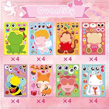 32 Sheets Valentine’s Day Make a Face Stickers,Make Your Own Stickers Valentine for Kids,8 Designs of Animal Little Angel Stickers for Boys Girls Valentine's Day Activities Party Favors Supplies