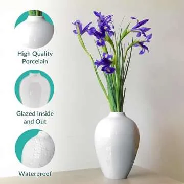 Willowy Porcelain Vase - White Ceramic Vase, 10inch Modern Design for Decor, Farmhouse Style, Large Vase for Pampas Grass, Durable, Leak Proof, Versatile