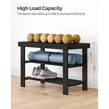 SONGMICS Shoe Rack Bench, 3-Tier Bamboo Shoe Storage Organizer, Entryway Bench, Holds Up to 286 lb, 11.3 x 27.6 x 17.8 Inches, for Entryway Bathroom Bedroom, Black ULBS04H