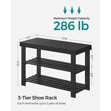 SONGMICS Shoe Rack Bench, 3-Tier Bamboo Shoe Storage Organizer, Entryway Bench, Holds Up to 286 lb, 11.3 x 27.6 x 17.8 Inches, for Entryway Bathroom Bedroom, Black ULBS04H