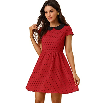 Allegra K Women's Peter Pan Collar Short Sleeves Contrast A-Line Polka Dots Dress Small Red