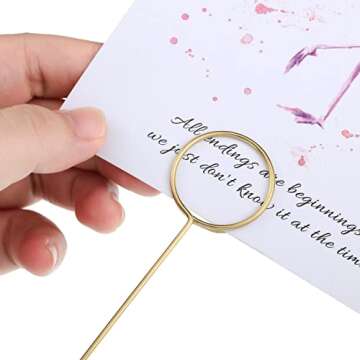 Hotop 30 Pcs Floral Card Holder Pick Metal Wire Flower Place Card Holder Stick 13.4 In Picture Photo Memo Holder Gold Round Floral Gift Stick Clip for Centerpiece Table Wedding Baby Shower Party Favor